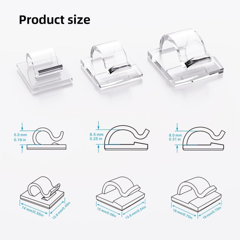 ITUGOU 100 PCS Cable Clips Cord Organizer (Small, Medium,Large),Wire Holder for Cable Management, Outdoor Light Clips Light Hooks for LED String,Car Dash Cam, Extension Cord (Clear) - Image 2